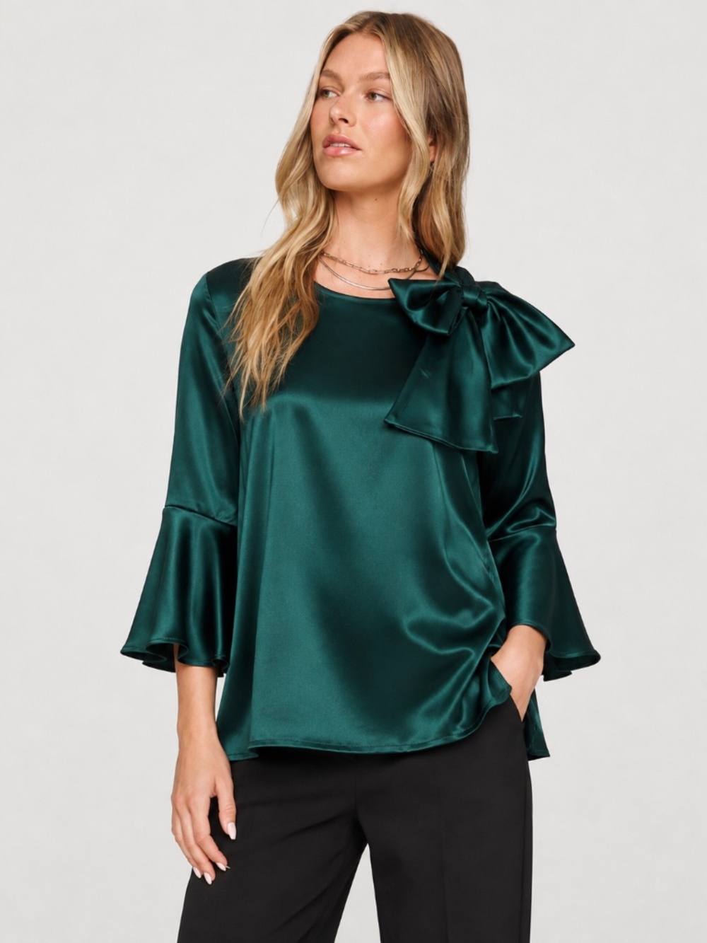 NWT IC Collection Green Satin Ruffle Sleeve Bow Detail Blouse Size S